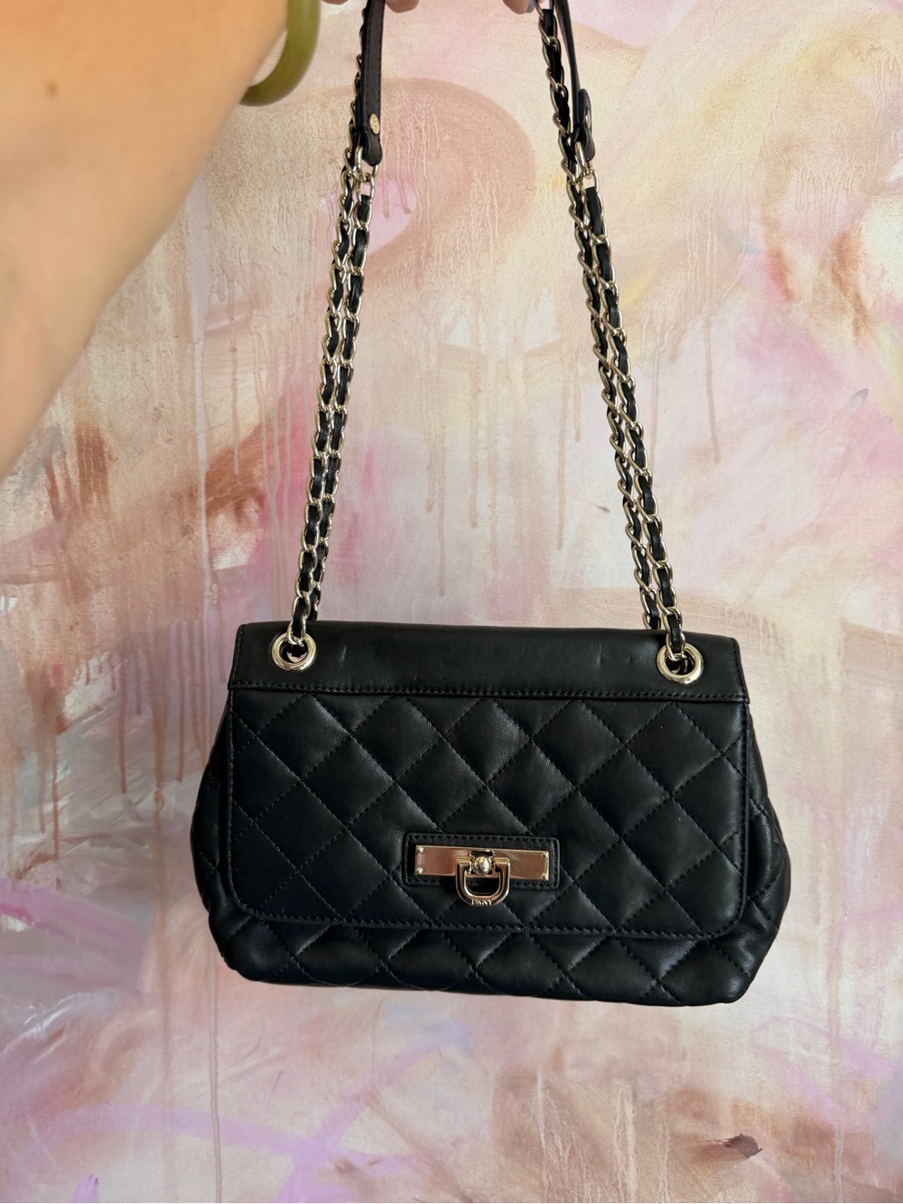 Donna Karan Black Quilted Shoulder Bag with Chain Strap